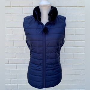 Women's Navy Puffer Vest with Black Faux Fur Trim Size XL